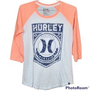 Hurley Woman’s White and Orange 3/4 Sleeve Baseball Style Tee Size Small